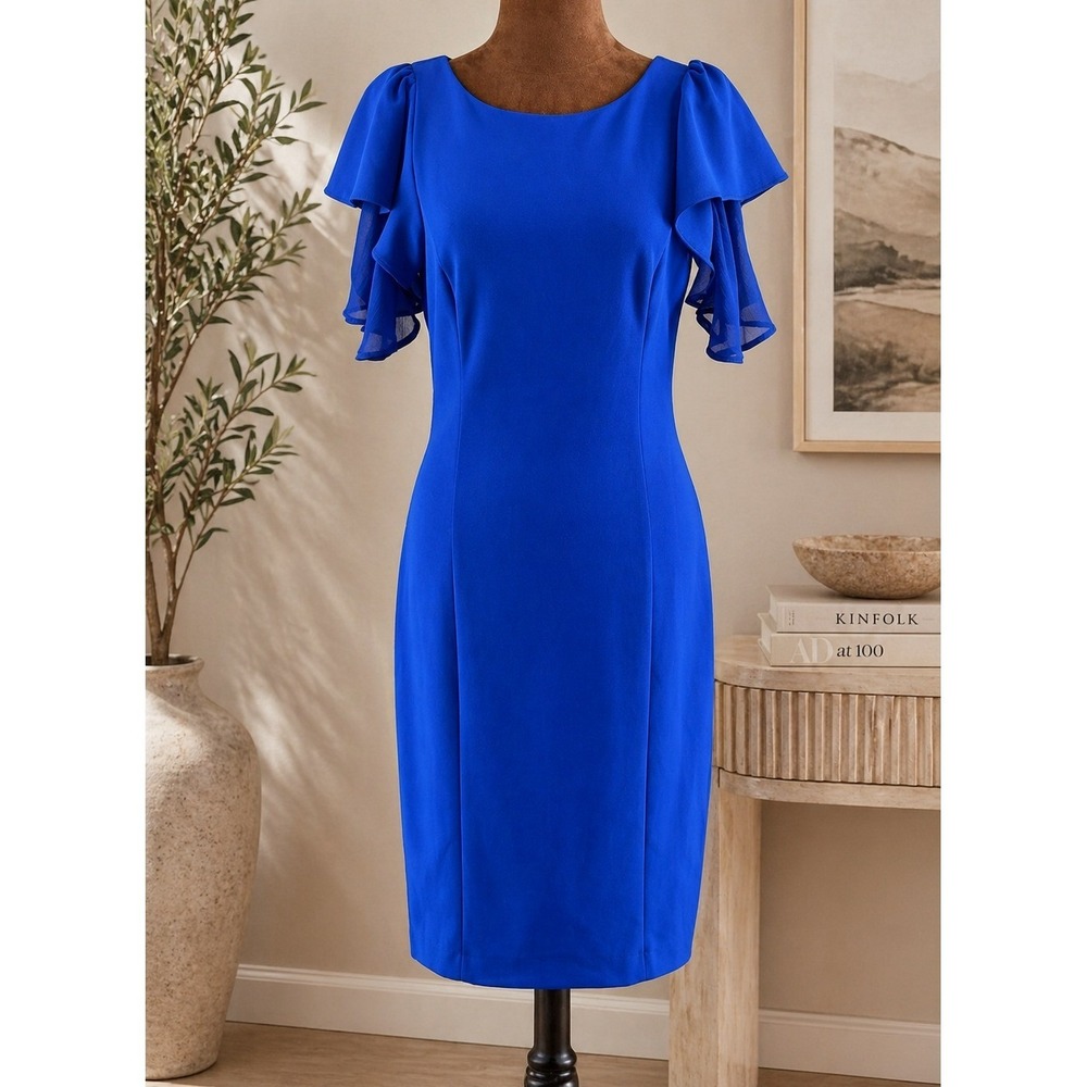 DKNY Sheath Dress Women 6 Blue Flutter Sleeve Scoop Neck Lined Career NWT Ruffle